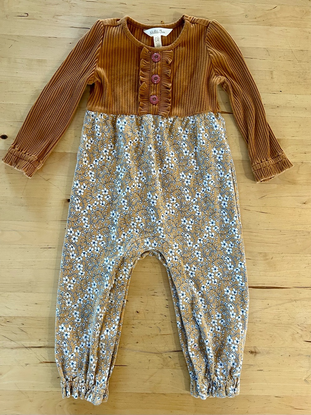 Matilda Jane Clio Ribbed Knit Floral Romper Honey Gold Jumpsuit 12-18M